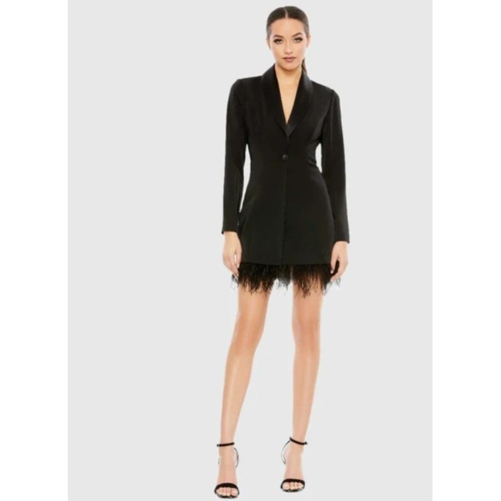 Ieena Mac Duggal Black Feather Trim Blazer Mini Dress Size 2 Cocktail Party